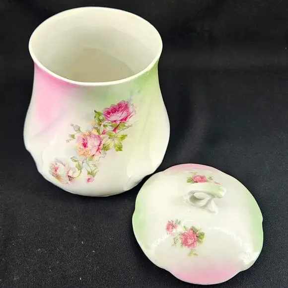 Antique Victorian Floral Hand Painted delicate porcelain Biscuit Jar w Lid